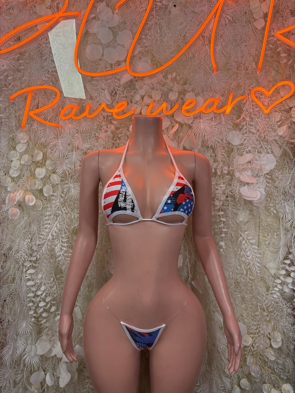 Women’s stars and stripes bikini with triangle top and matching bottoms, red white blue