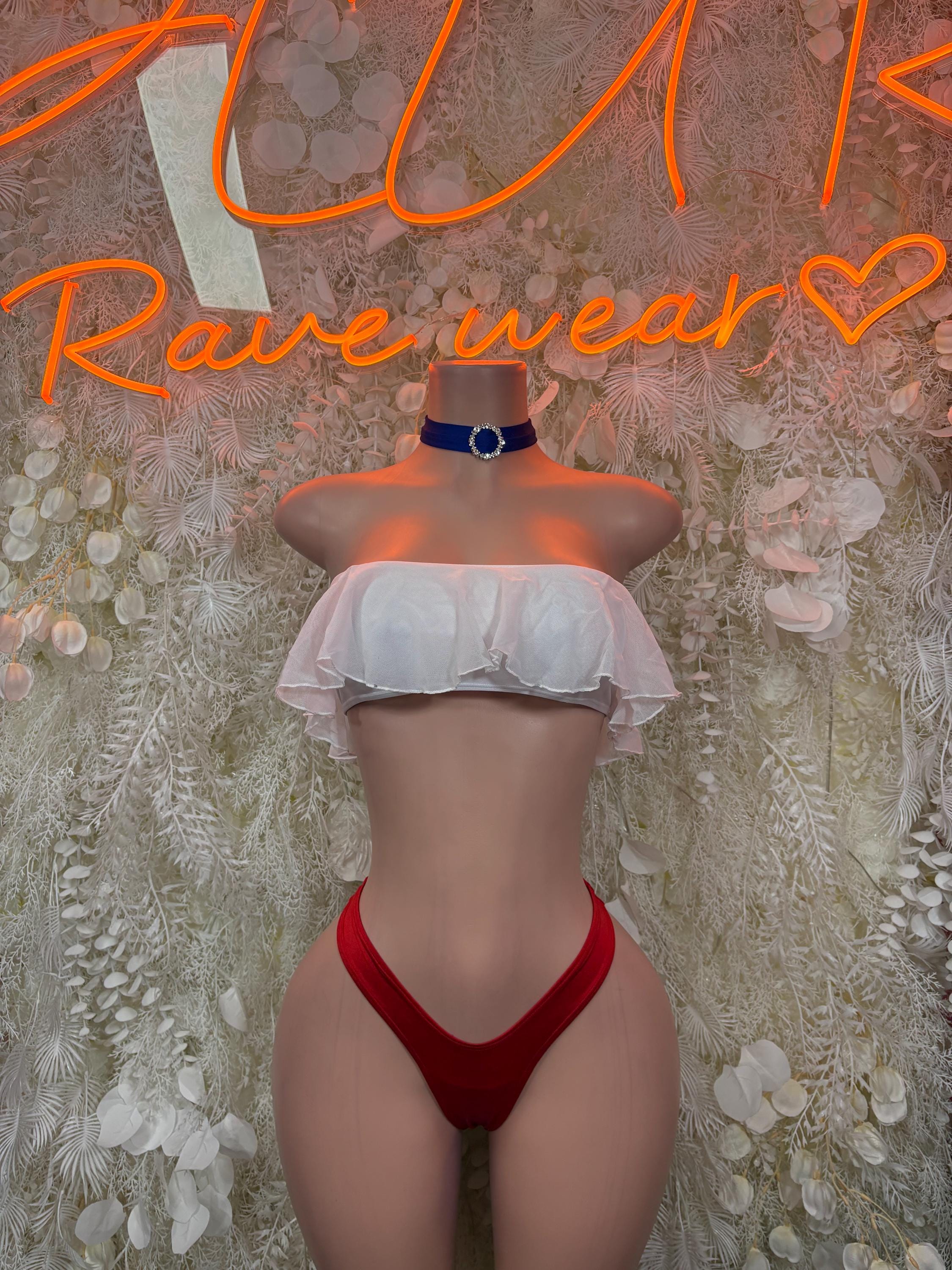Two-piece bikini set with ruffled white top, red high-cut bottoms, blue choker