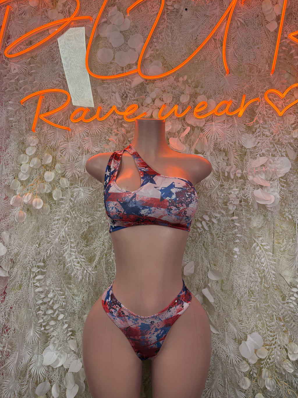 Star-and-stripe print swimsuit with high-cut leg bottom and matching bandeau top