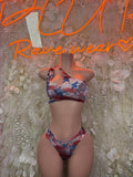 Star-and-stripe print swimsuit with high-cut leg bottom and matching bandeau top