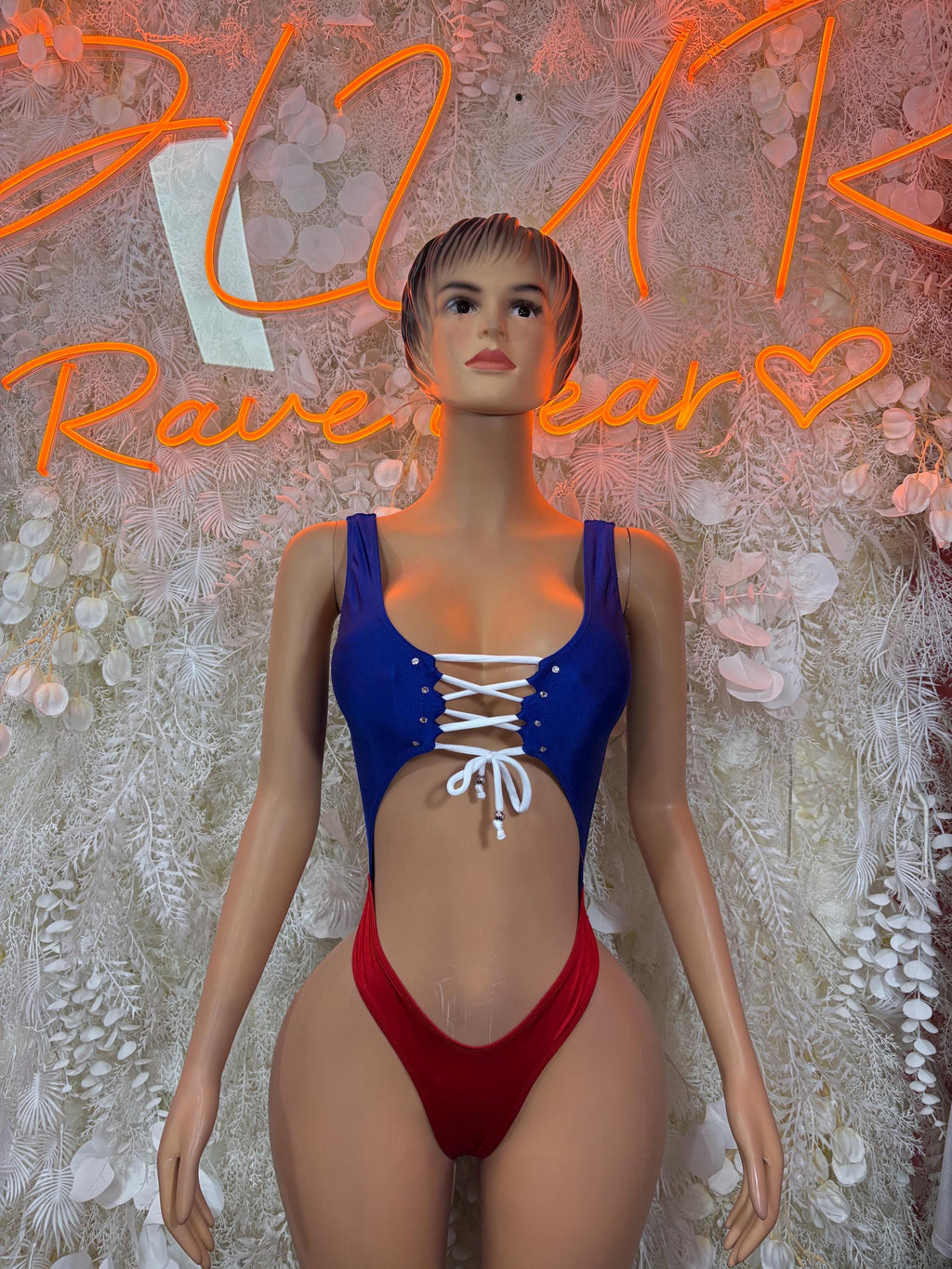 Women's one-piece swimsuit: blue top, red bottom, front lace-up tie