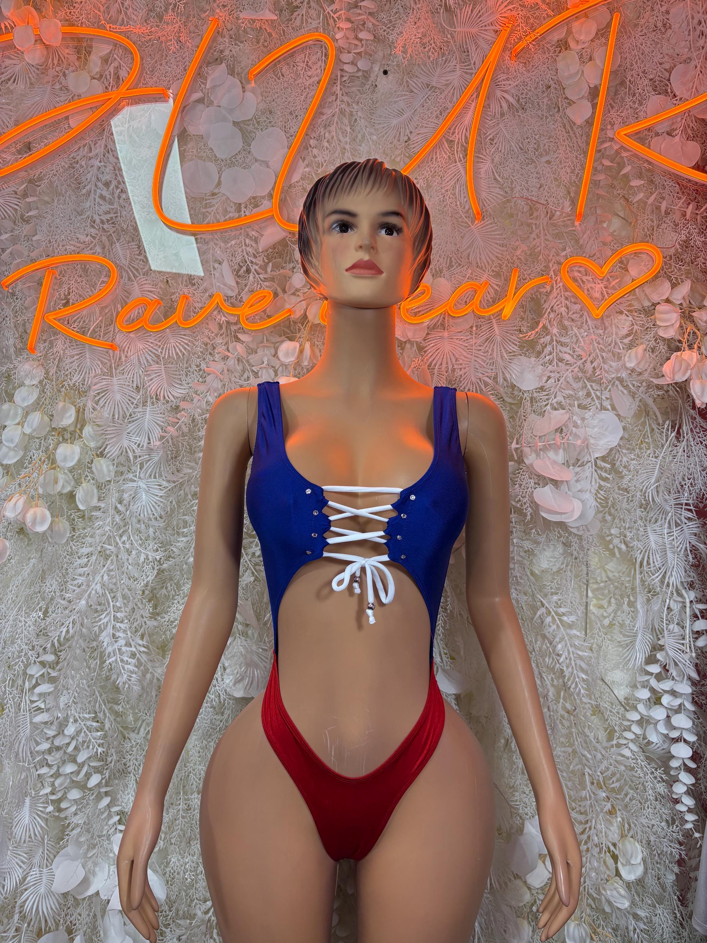 Women's one-piece swimsuit: blue top, red bottom, front lace-up tie