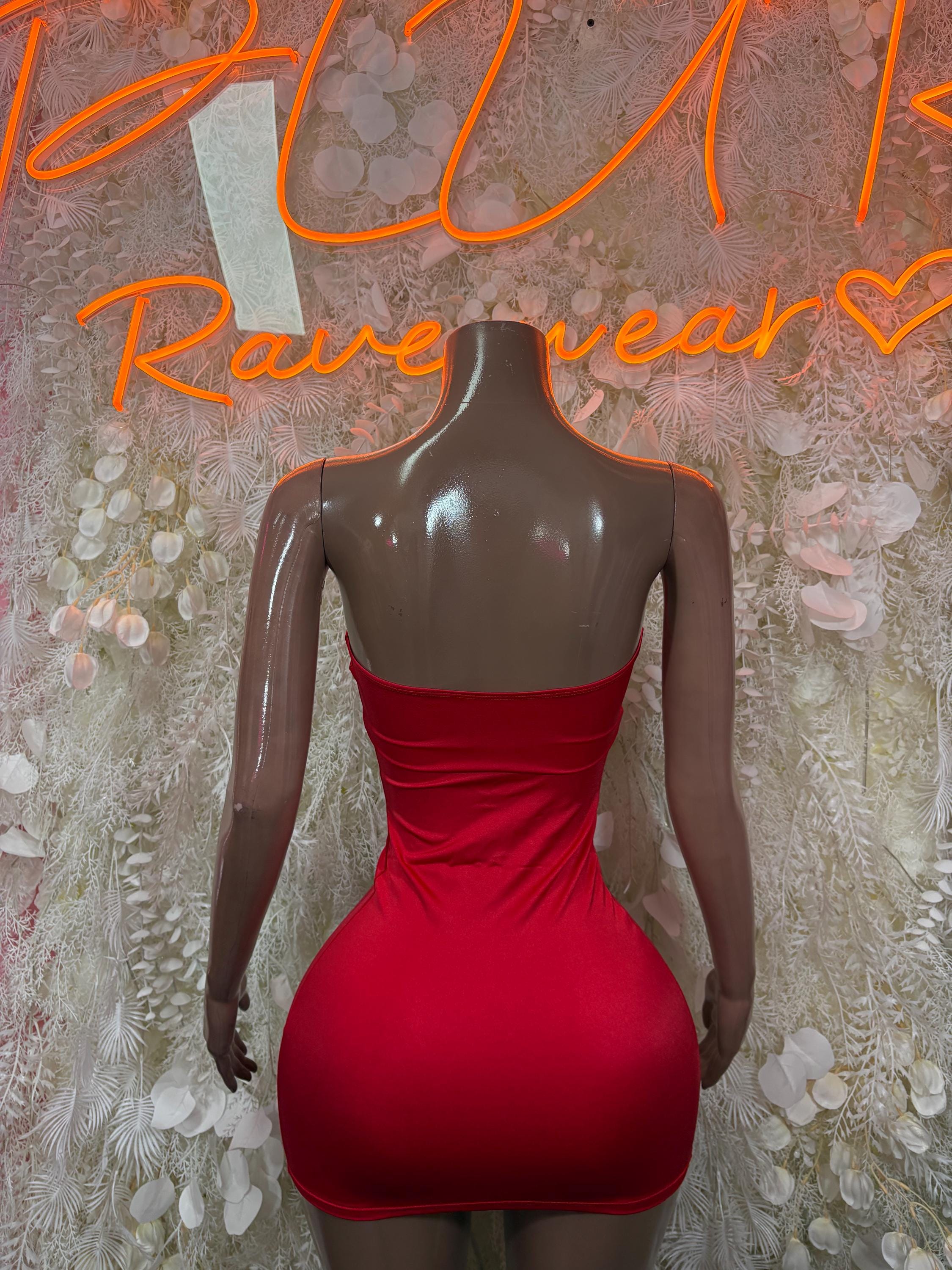 Women’s one-piece dress bodysuit, red back with ruched sides and thin straps