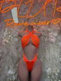 Orange fishnet one-piece bodysuit with crisscross halter straps and thong back