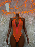 Orange fishnet bodysuit with deep V-neck and thong front, one-piece design