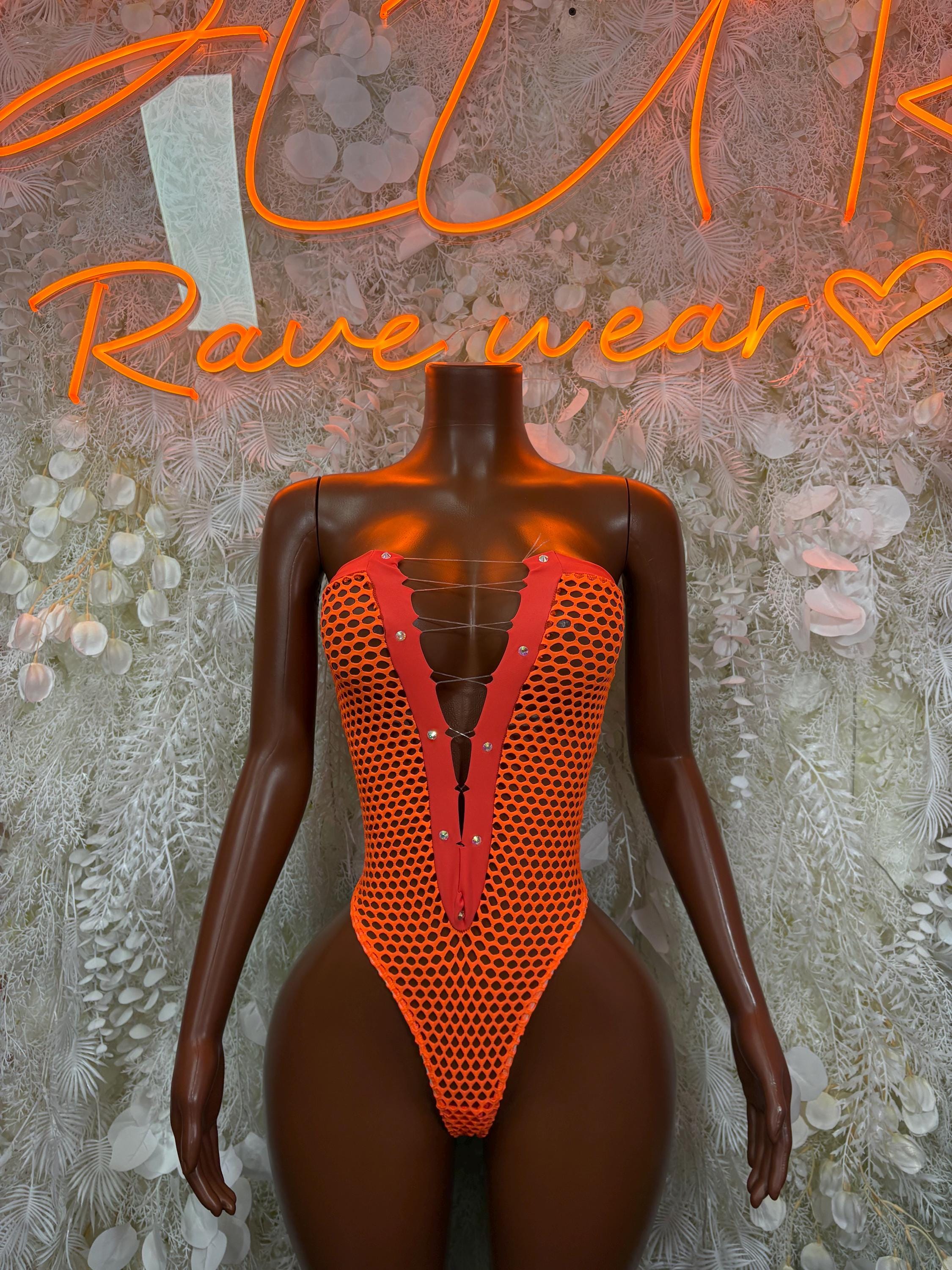 Orange fishnet bodysuit, one-piece with V-neck and thong cut