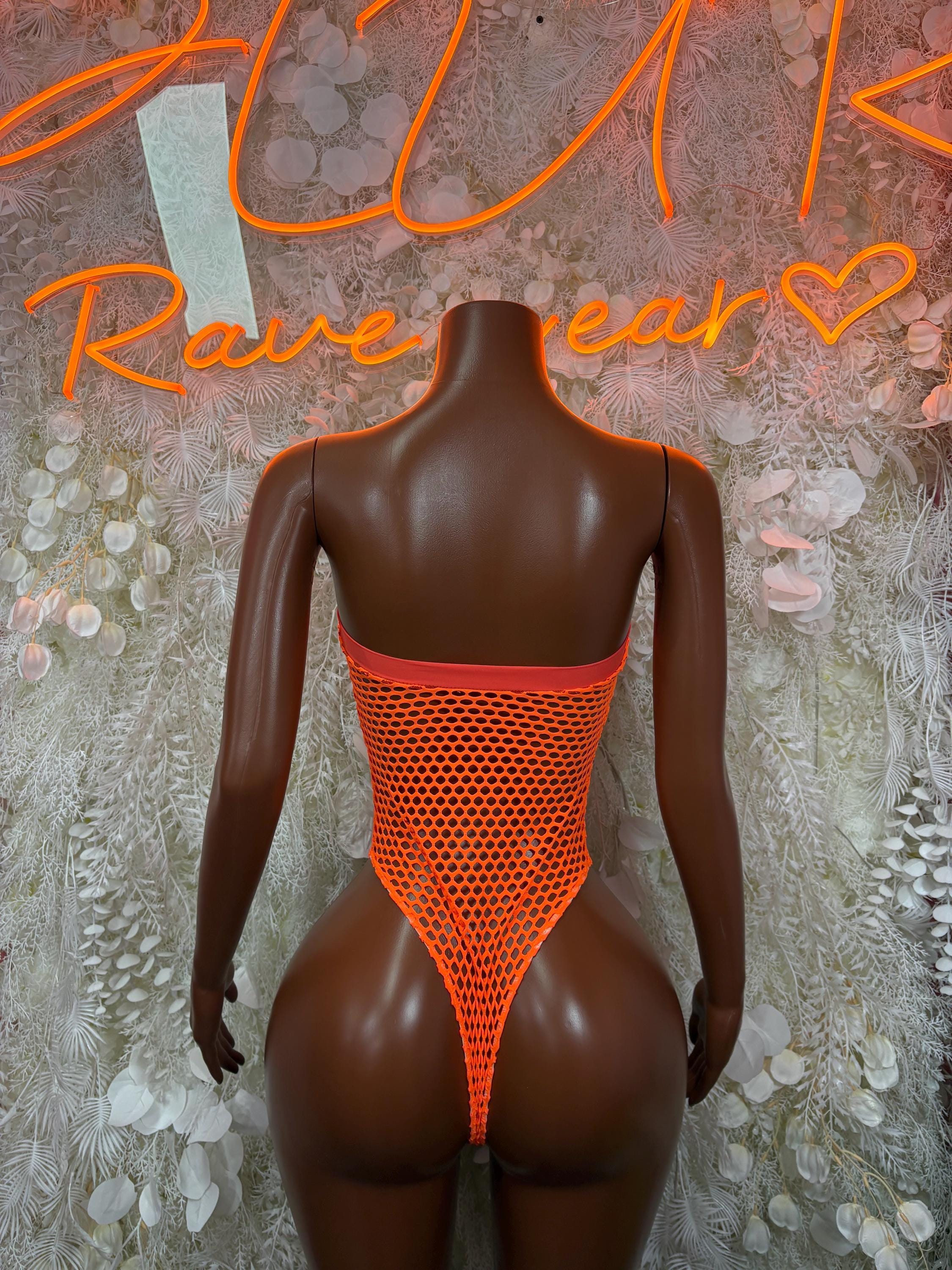 Orange fishnet bodysuit back view with open V back and high-cut one-piece design