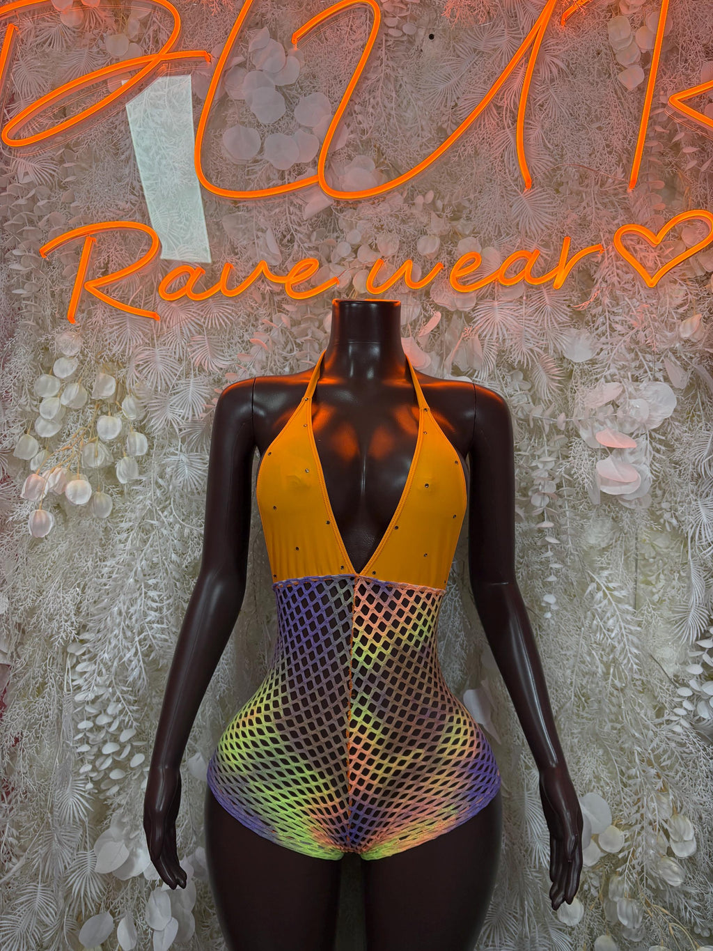 Multicolor rave bodysuit with halter neckline, yellow-orange top and purple mesh panels