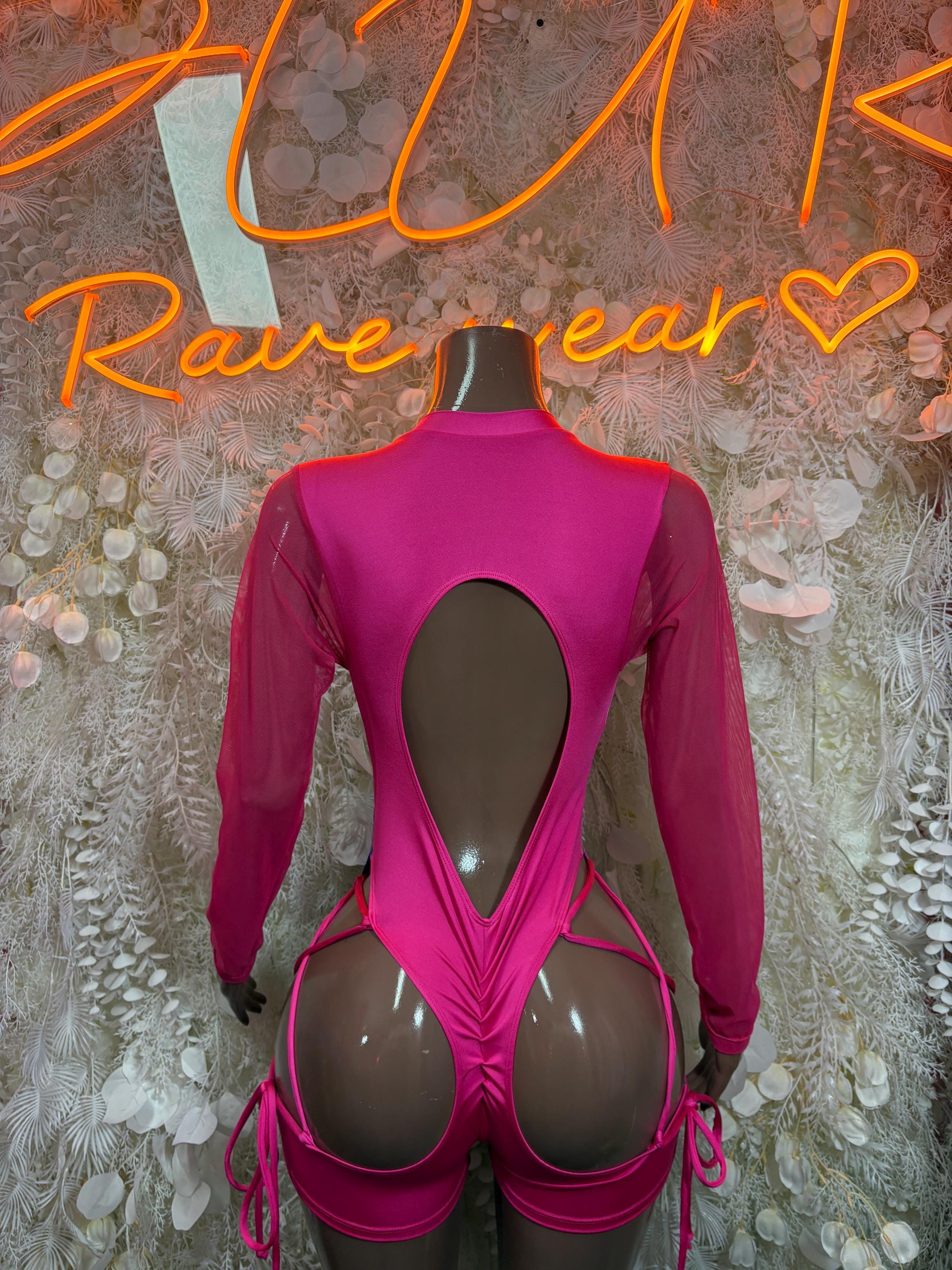 Pink metallic bodysuit, long sleeves, teardrop back cutout with string ties