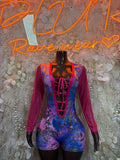 Multicolor metallic long-sleeve bodysuit with lace-up front and pink sleeves