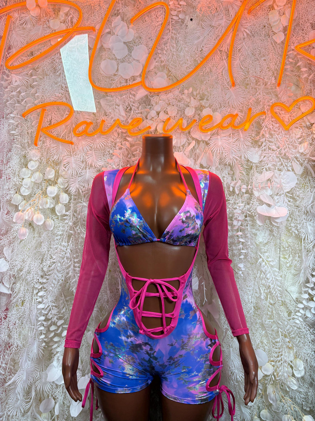 Rave bodysuit set with blue metallic print and magenta long-sleeve lace-up top