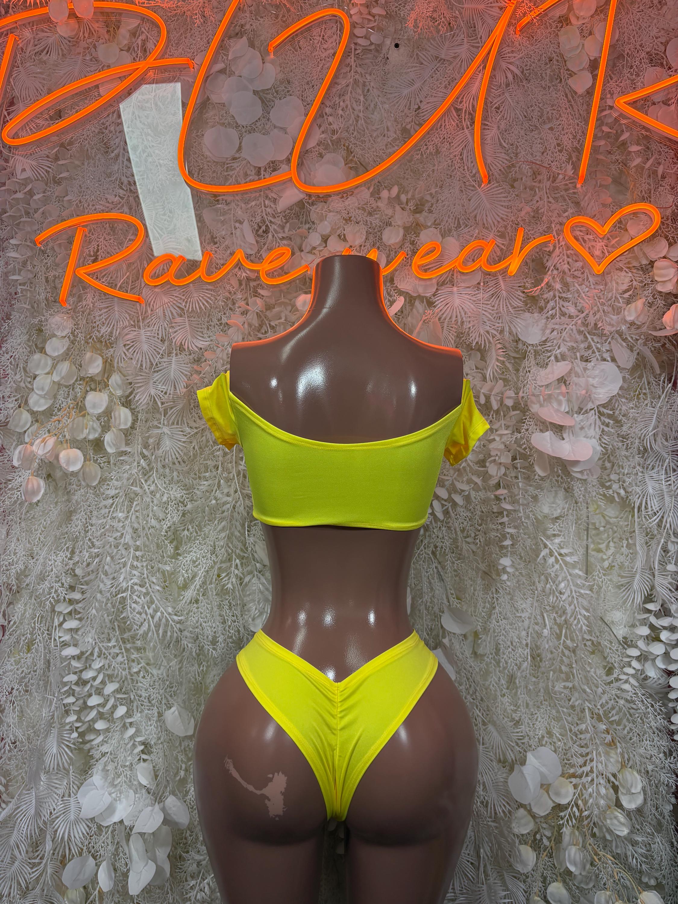 Neon green rave bikini set with triangle top and high-waist thong-style bottoms