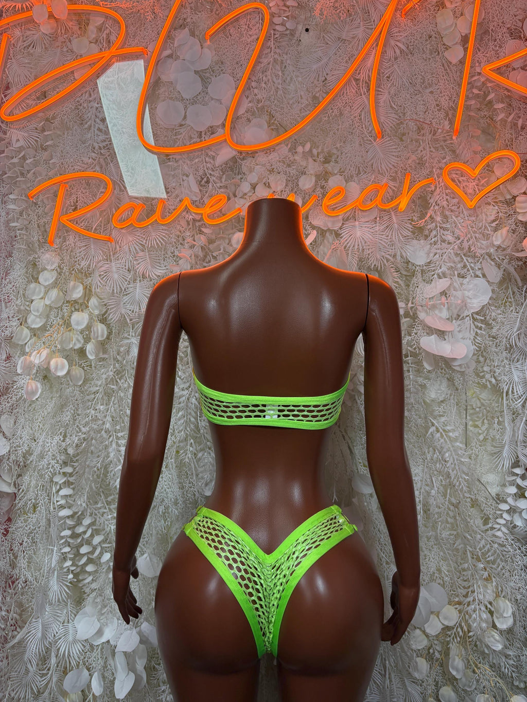 Neon green fishnet two-piece set with backless bandeau top and high-cut bottoms