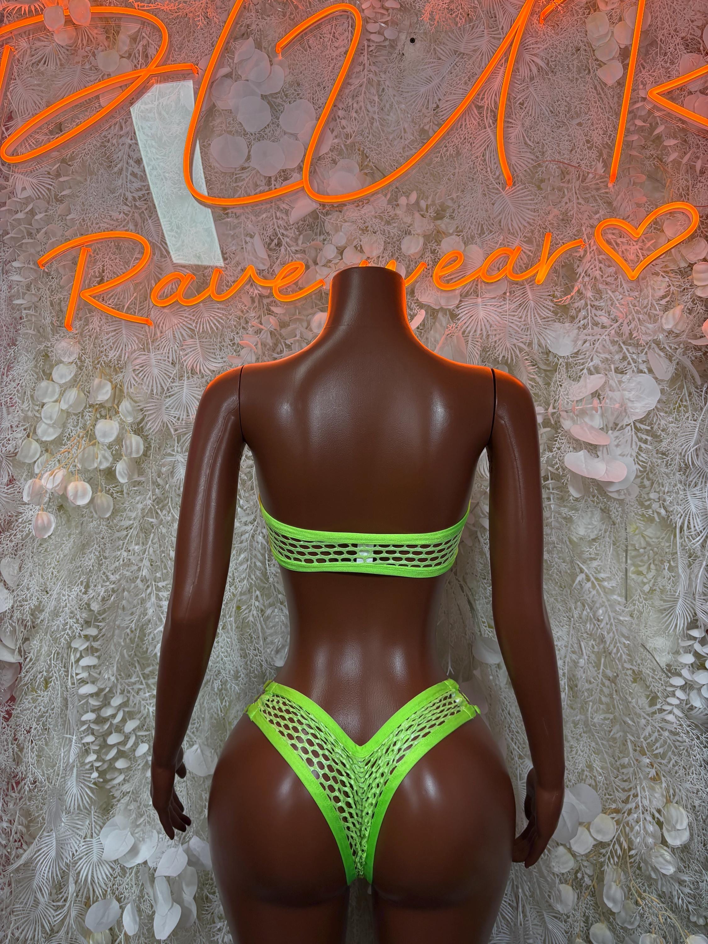 Neon green fishnet two-piece set with backless bandeau top and high-cut bottoms
