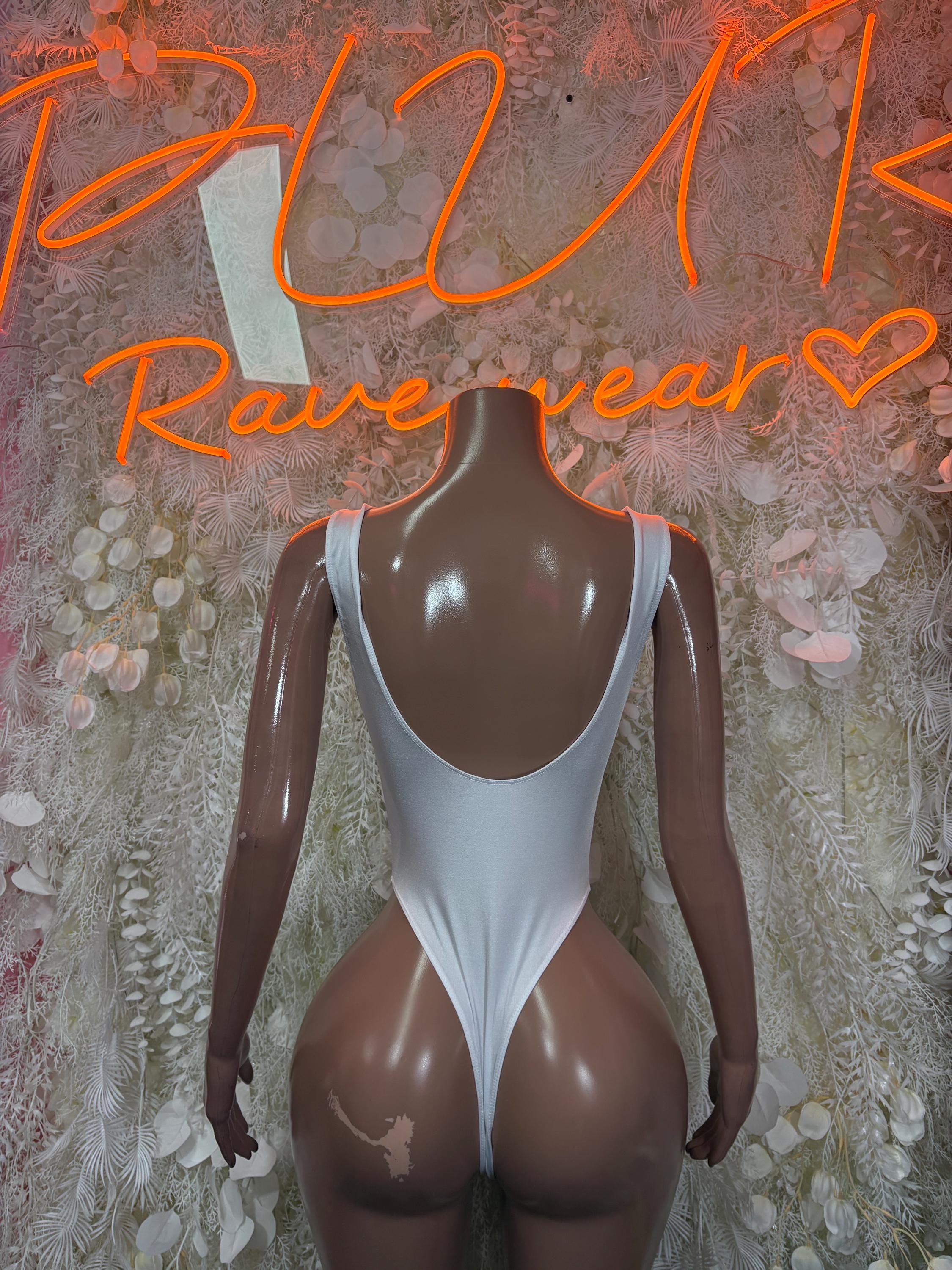 Bottlegirl white one-piece bodysuit with scoop back and thin shoulder straps