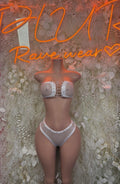 White fishnet two-piece set with bandeau bra and high-waist bottoms