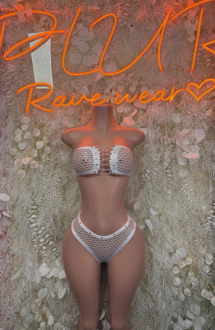 White fishnet two-piece set with bandeau bra and high-waist bottoms