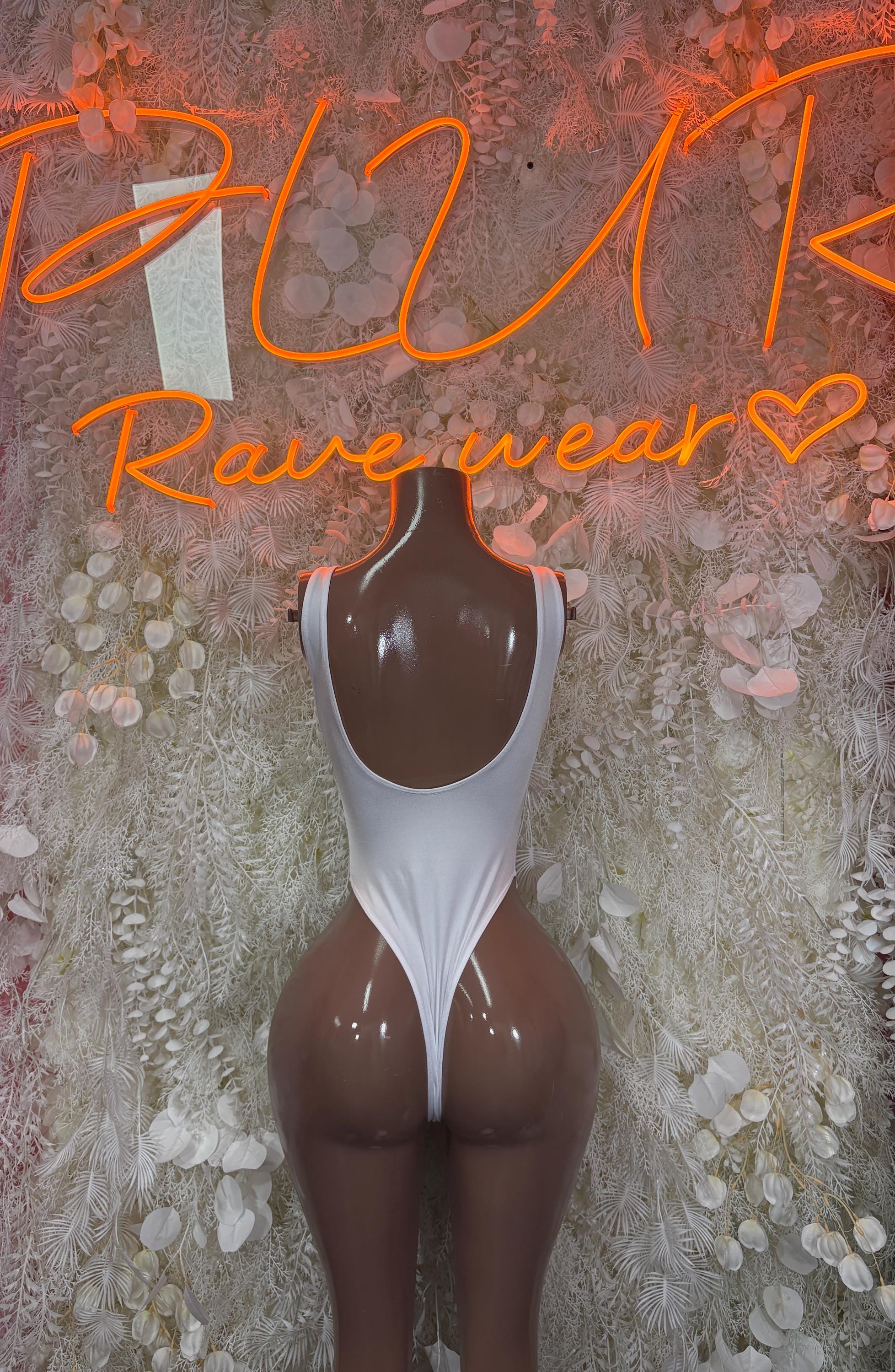White cutout bodysuit with scooped neckline and side cutouts, high-leg fit