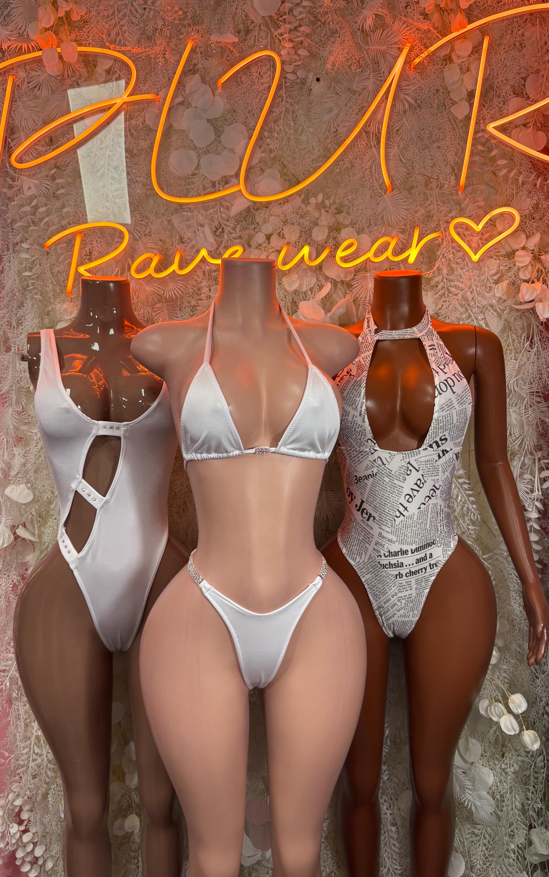 White cutout bodysuit set of three views: bra-style top with cheeky high-cut legs