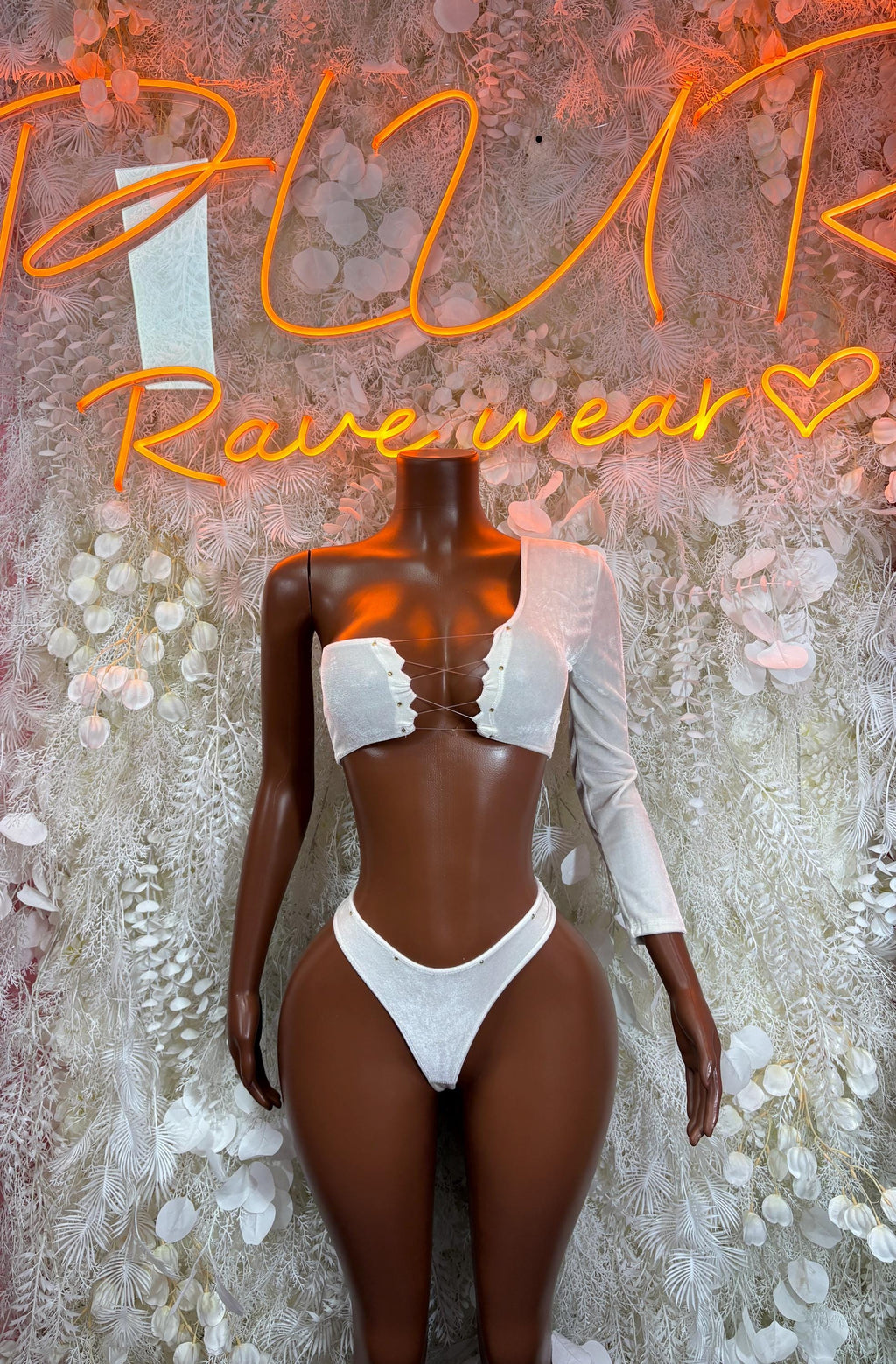 White ruffle-trim bikini set with triangle bra top and high-cut briefs