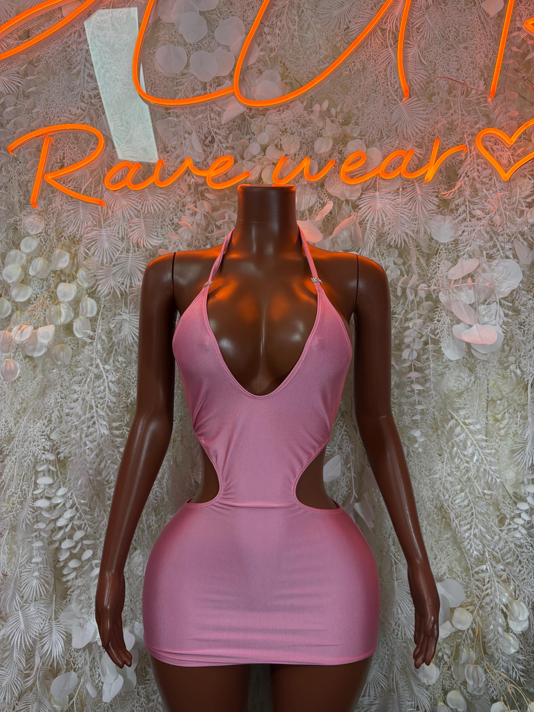 Pink halter mini dress, fitted backless style for dancewear