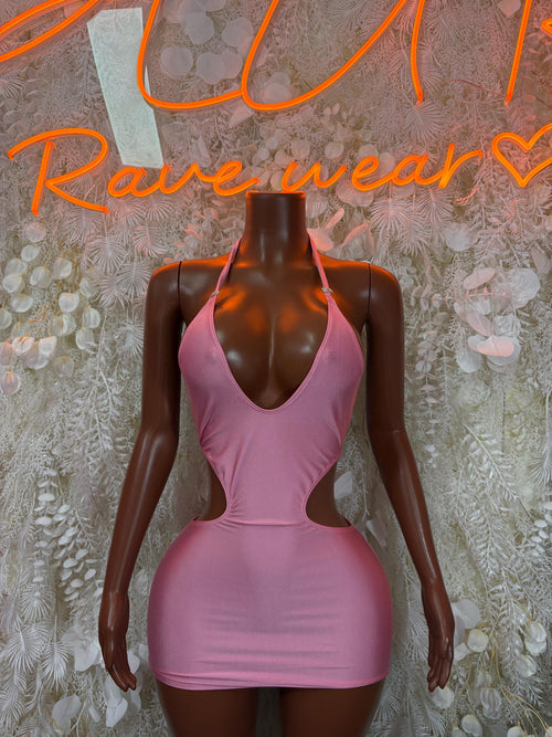 Pink halter mini dress, fitted backless style for dancewear