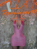 Pink velvet mini dress with deep V neckline and sleeveless bodycon fit