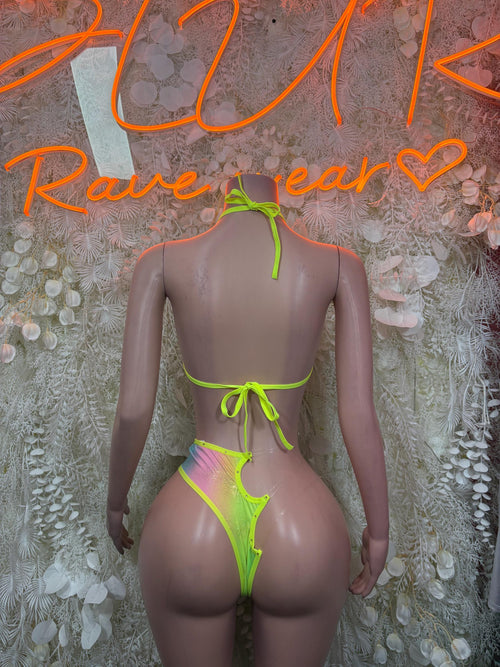Neon green metallic bikini set with tie-back and scalloped leg openings