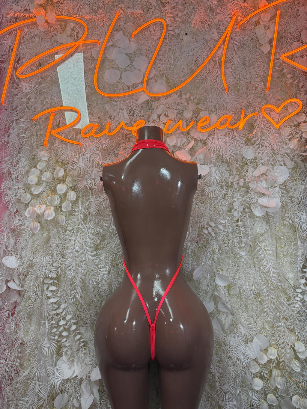 Coral red mesh dance bodysuit with halter straps and open back