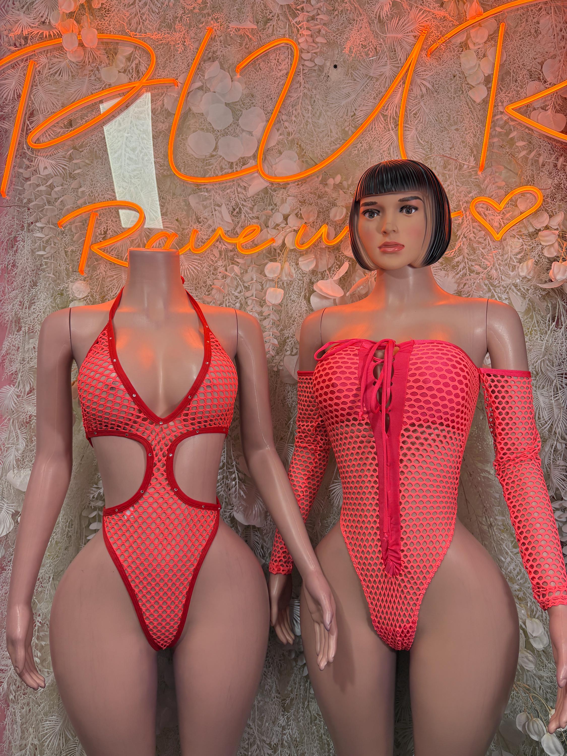 Coral fishnet bodysuit with halter straps and back zipper detail