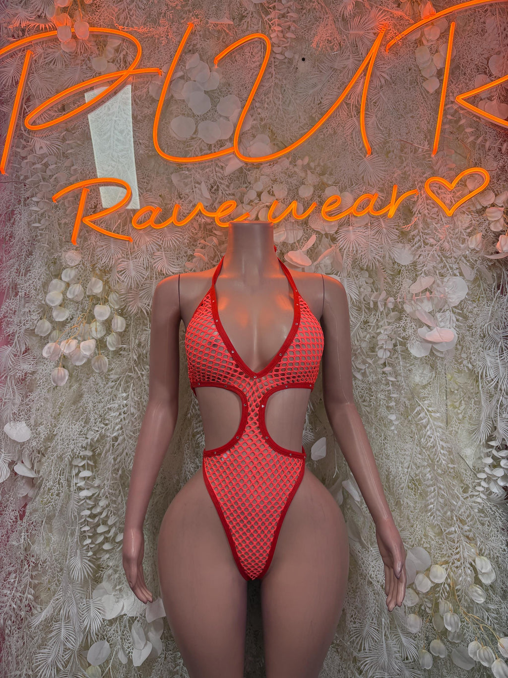 Coral fishnet bodysuit with V neckline and front cutout