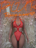 Coral fishnet bodysuit with V neckline and front cutout