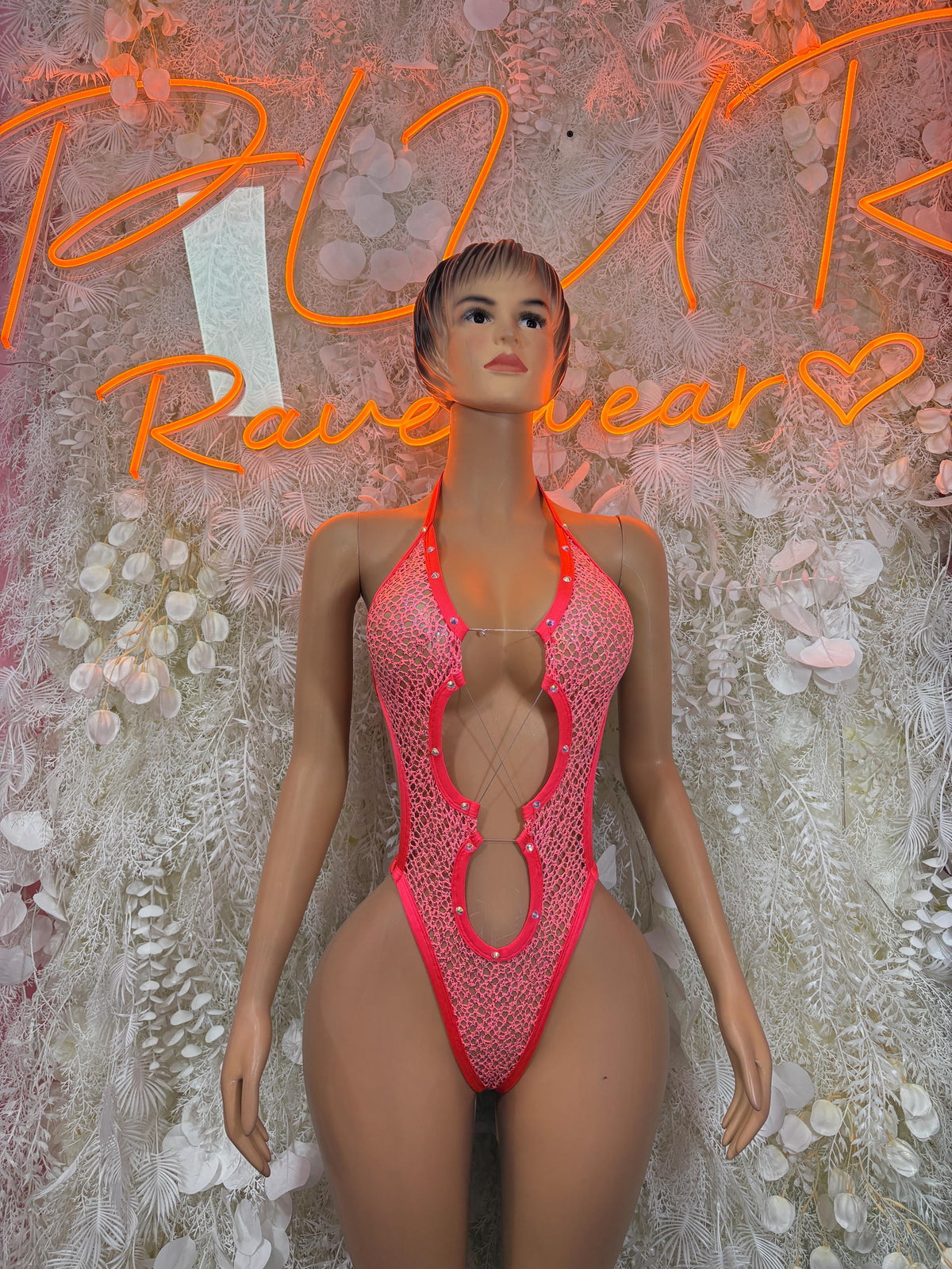 Festival Outfit - Coral Mesh Bodysuit Exotic Dancewear for Performers, Raves, & Bottlegirls