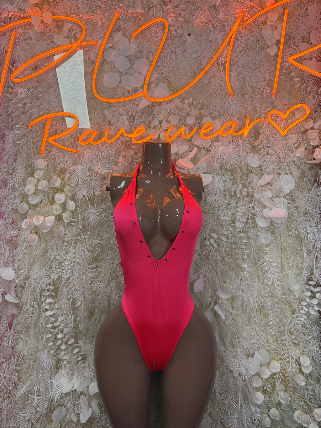Coral halter bodysuit with deep V neckline and front cutout details