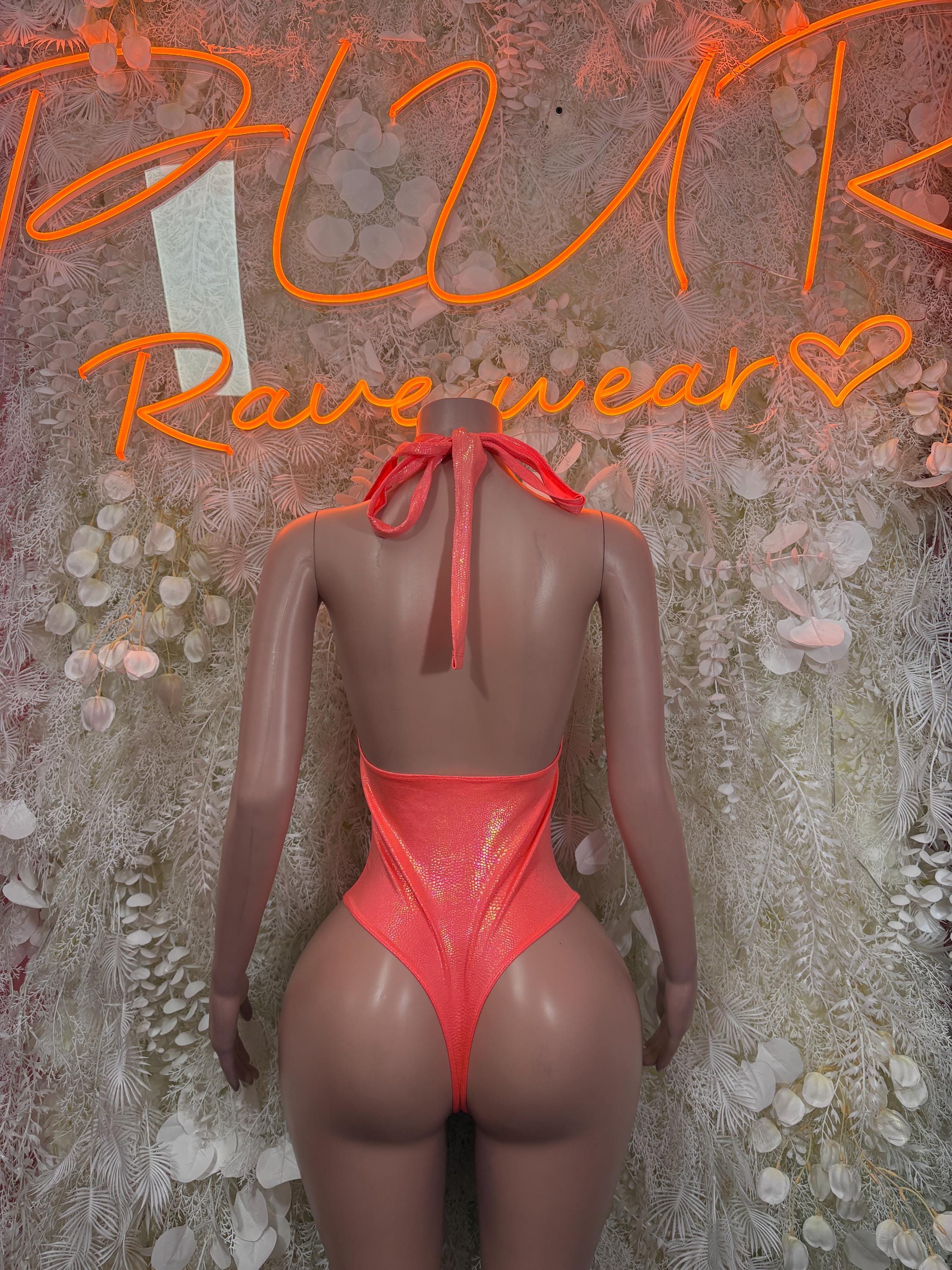 Coral backless bodysuit with bow tie at center back and thong-style bottom