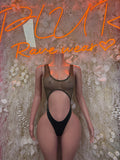 Dark mesh bodysuit with sleeveless straps, cutout waist, high-leg thong back