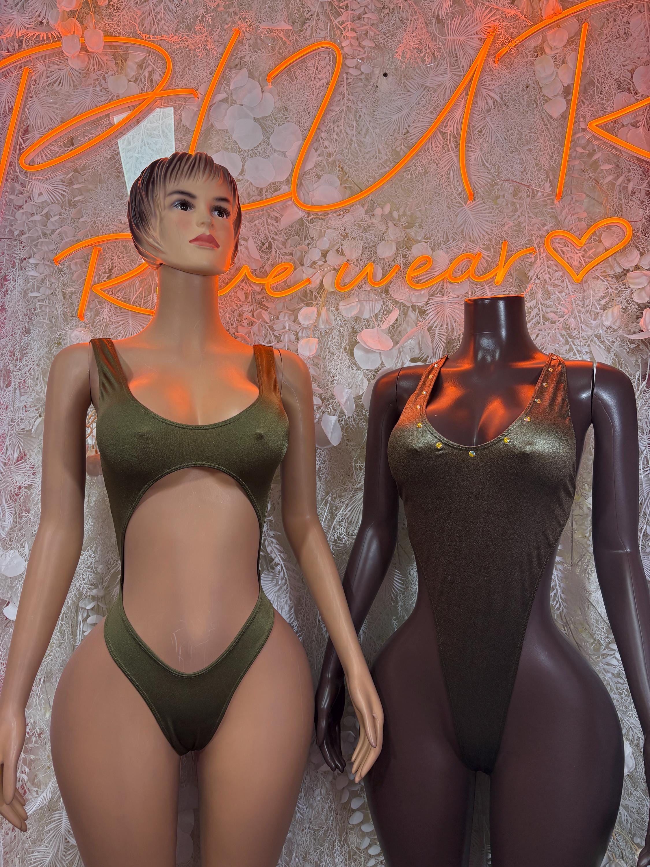 Metallic green sleeveless bodysuit worn by model, low-cut front