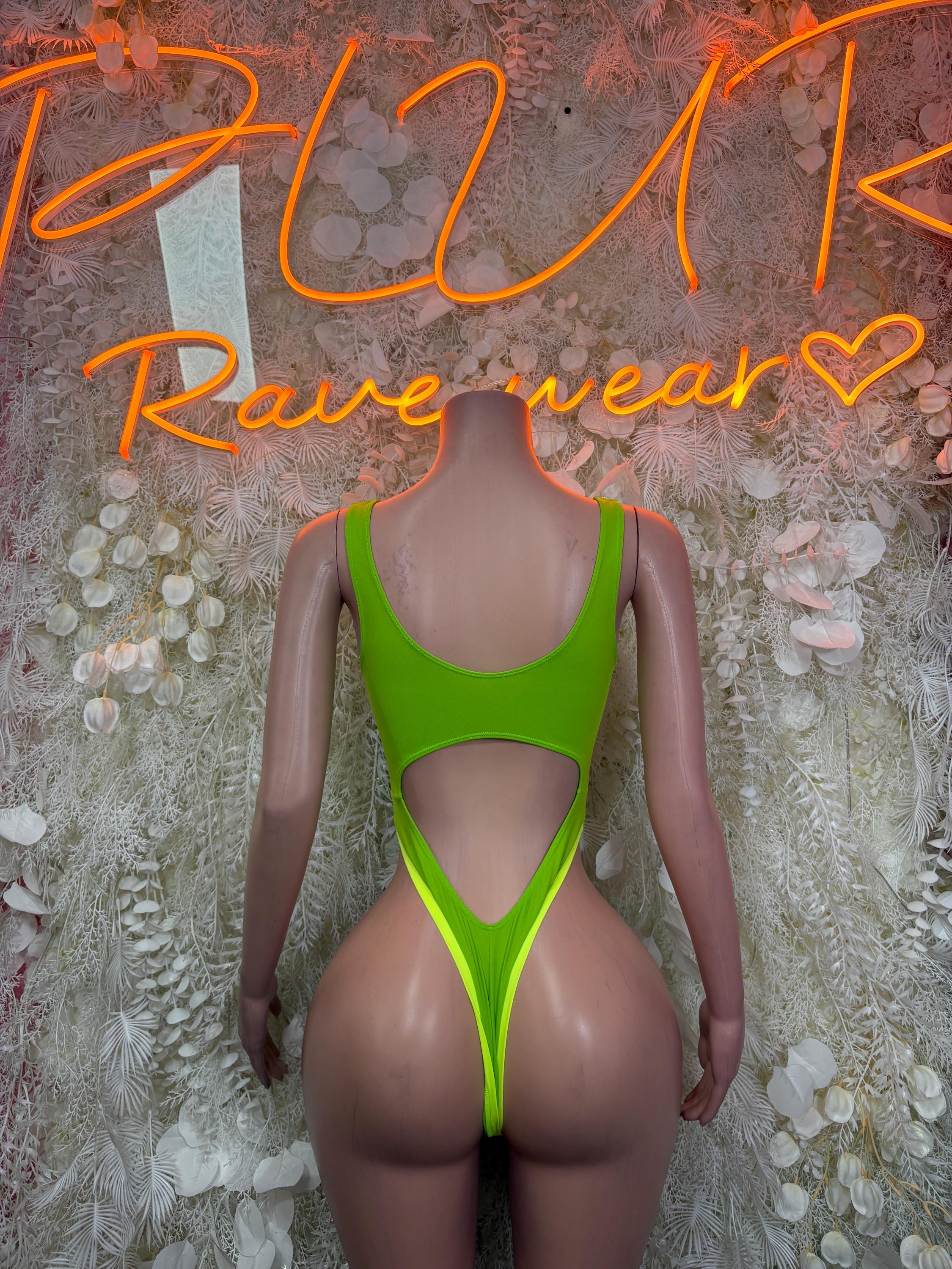 Neon green dance bodysuit with open back and narrow thong straps