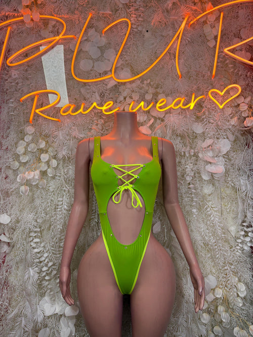 Bottlegirl green bodysuit with lace-up bust and deep front cutout