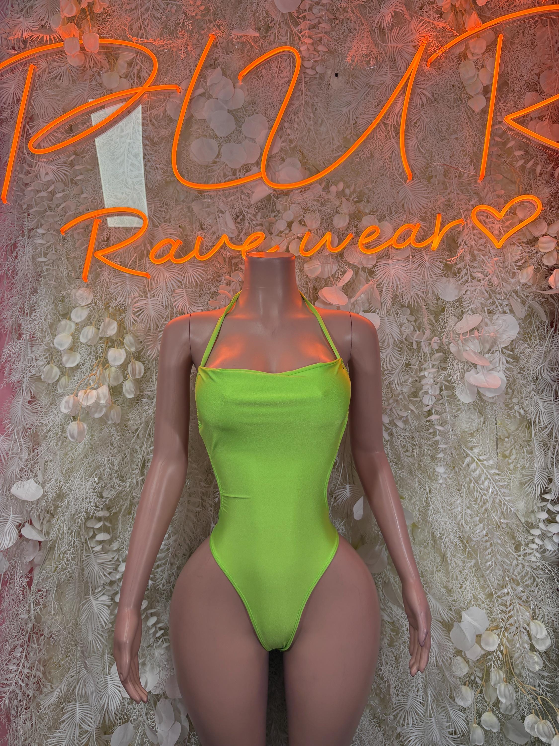 Neon green strappy bodysuit with square neckline and high-cut legs