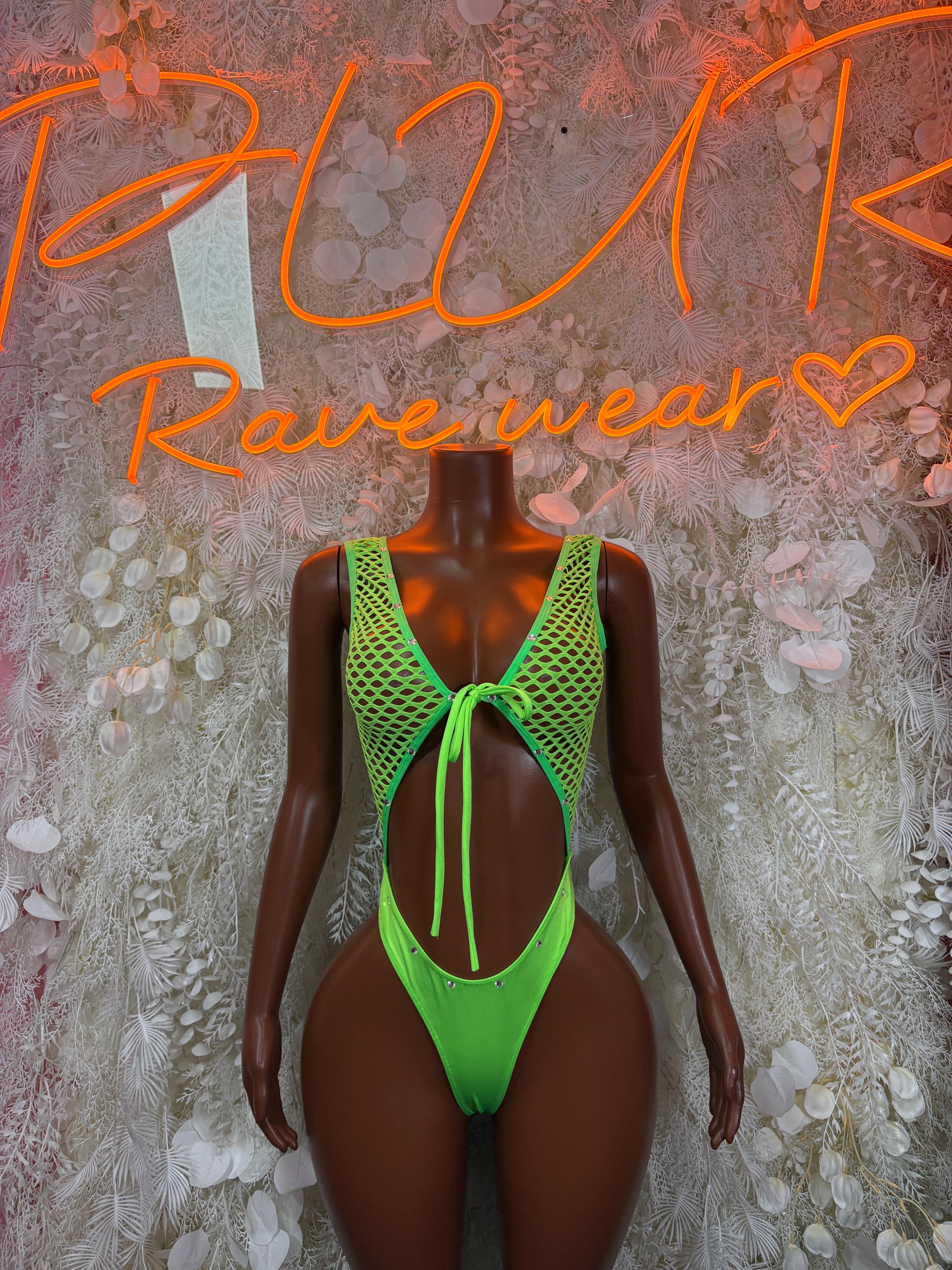 Green fishnet bodysuit with halter straps and front tie detail