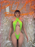 Neon green slingshot bodysuit with halter neckline and central keyhole cutout