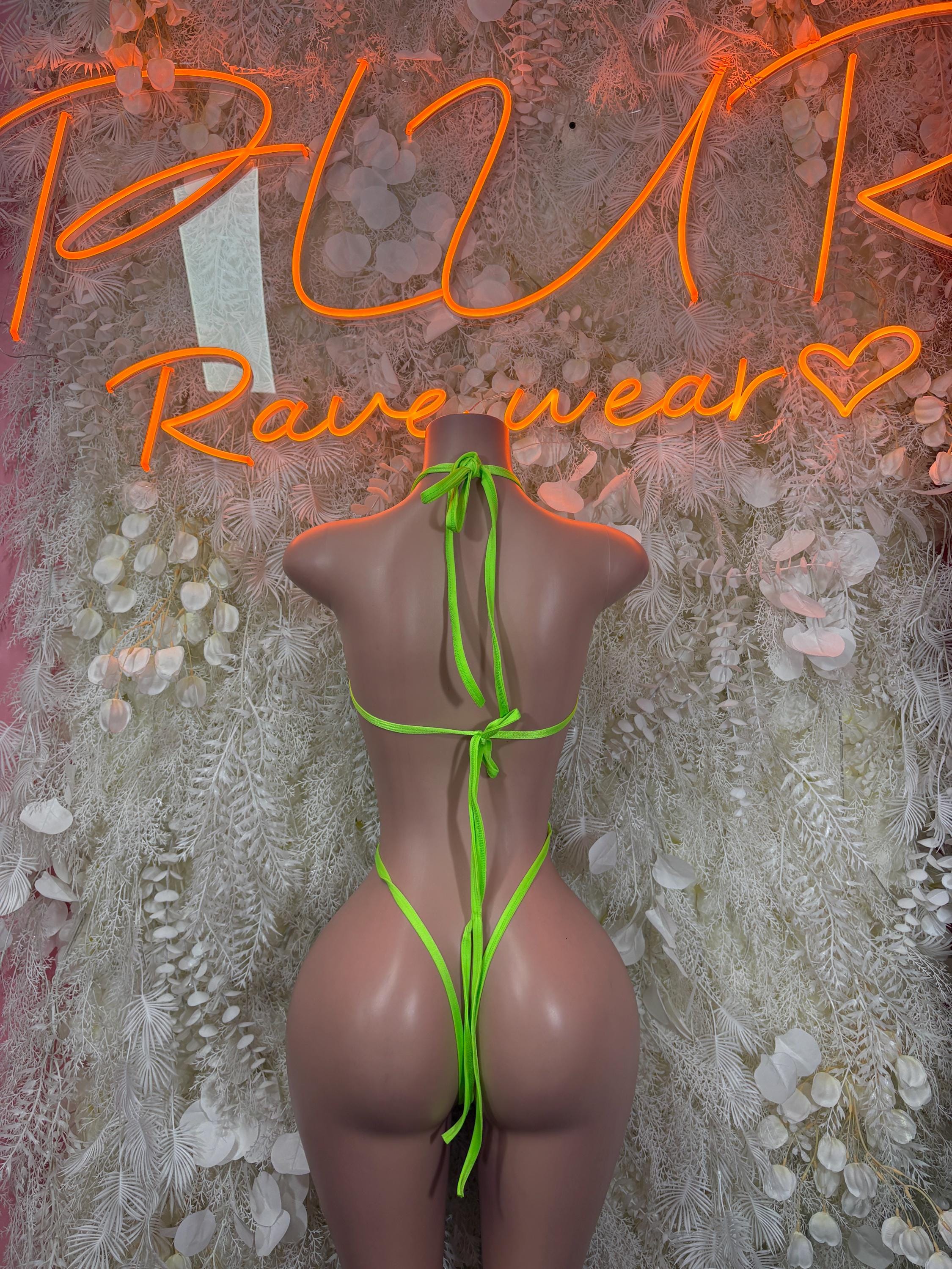 Neon green backless strappy bodysuit with tie straps and thong bottom