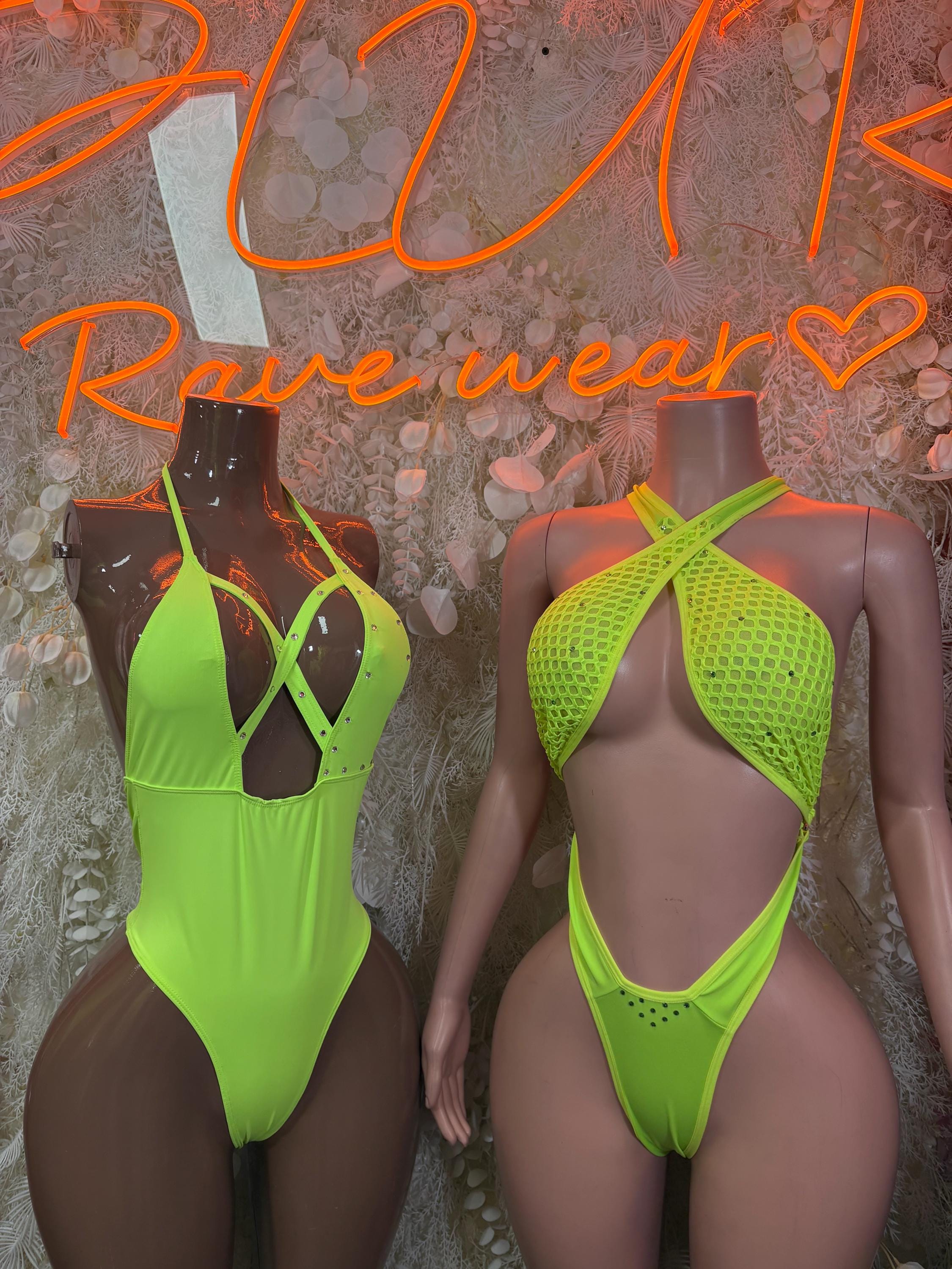 Neon green cutout bodysuit set: front chest cutout and back crisscross mesh.
