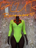 Neon green long-sleeve bodysuit with front zipper and ruched V neckline