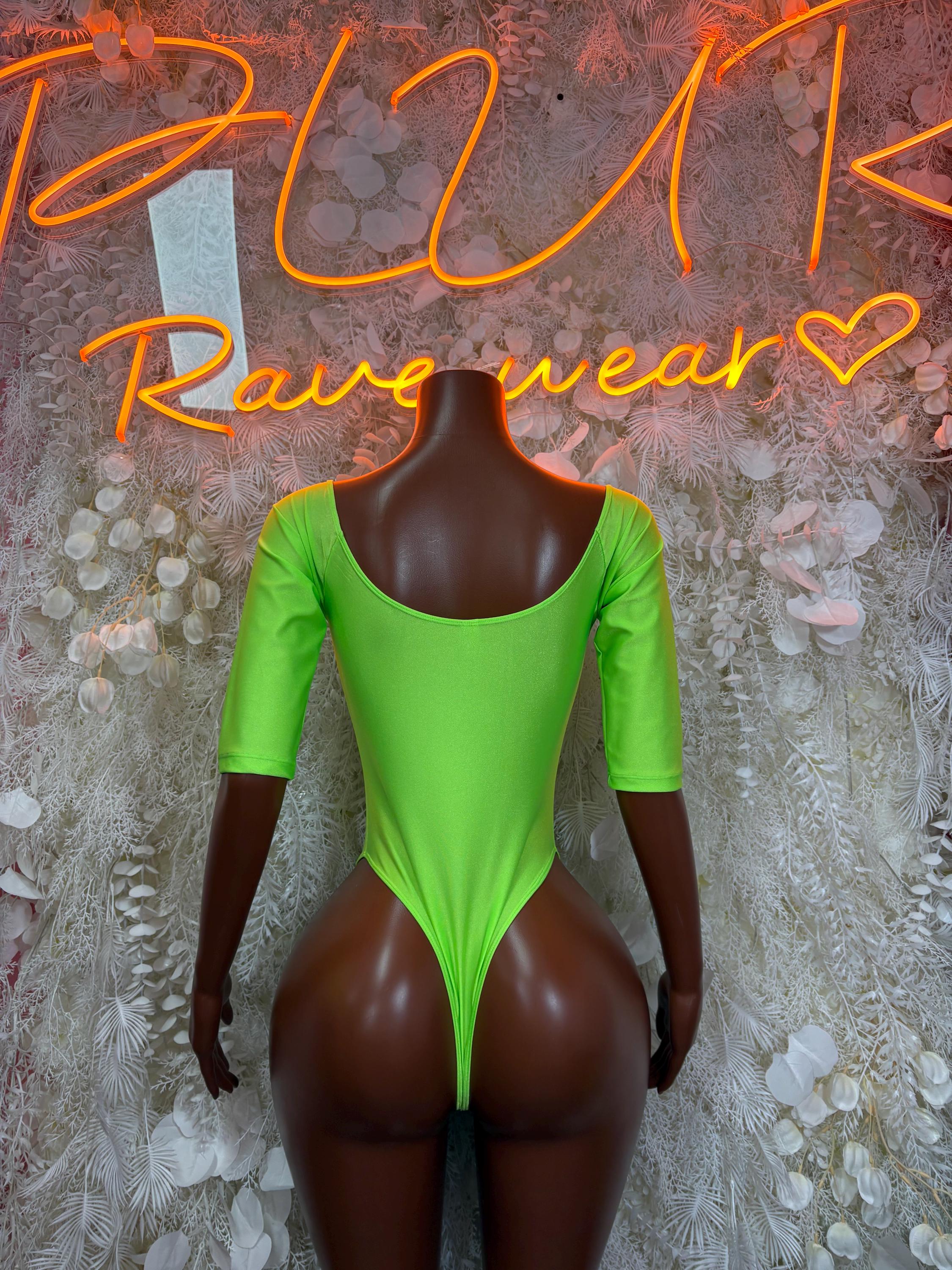 Neon green fitted long-sleeve bodysuit with scoop neckline and high-leg cut