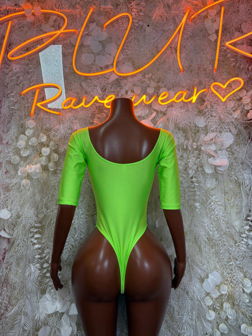 Neon green fitted long-sleeve bodysuit with scoop neckline and high-leg cut