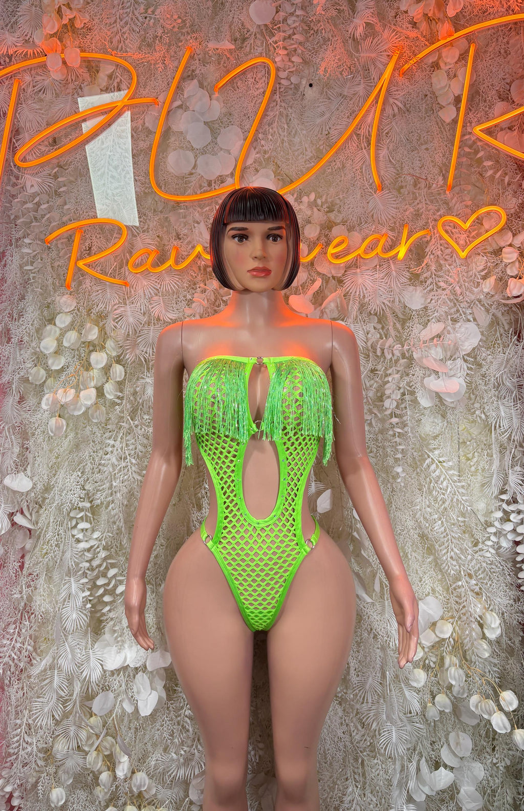 Ravewear Neon Green Fishnet Bodysuit - Bartender Service Outfit, Rave Festival Clubwear, Sexy One Piece Dancewear