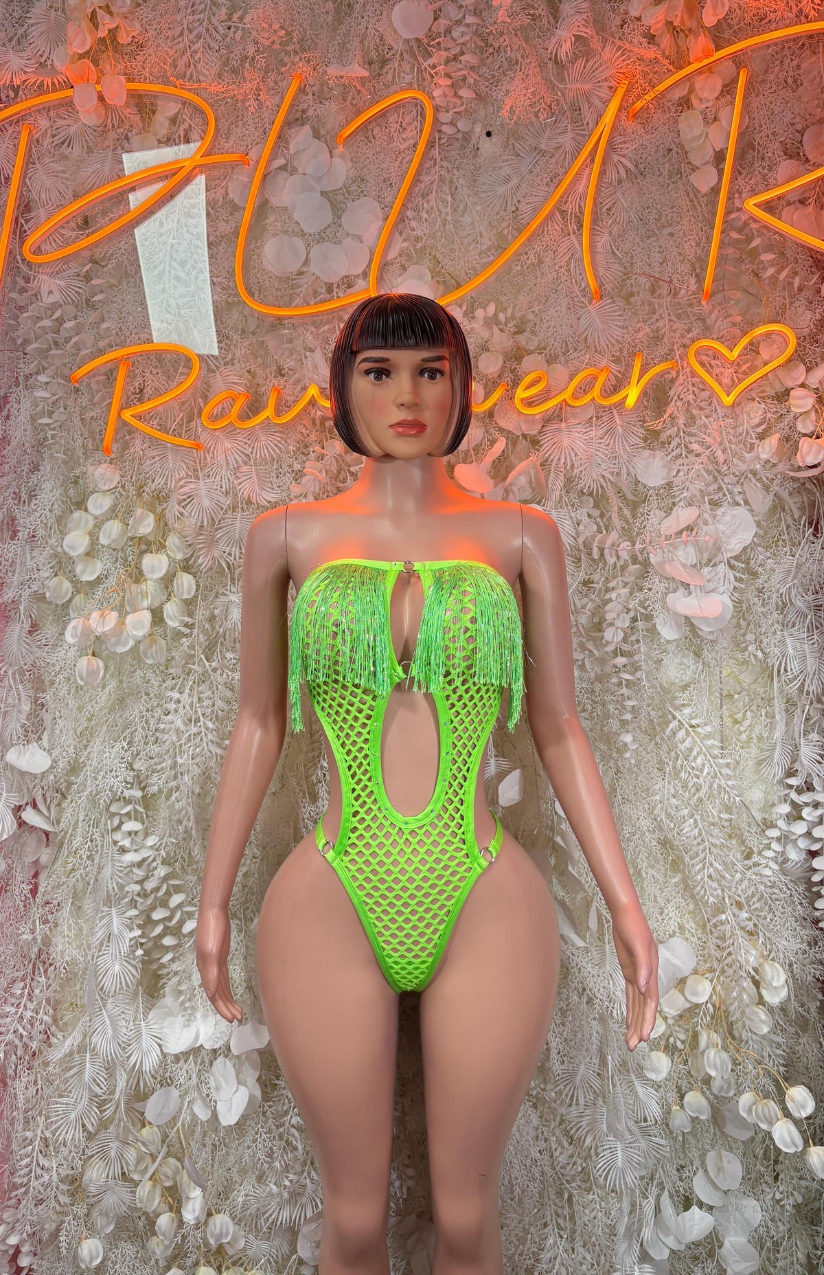 Ravewear Neon Green Fishnet Bodysuit - Bartender Service Outfit, Rave Festival Clubwear, Sexy One Piece Dancewear
