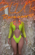 Neon green long-sleeve bodysuit with scoop neckline and high-cut legs